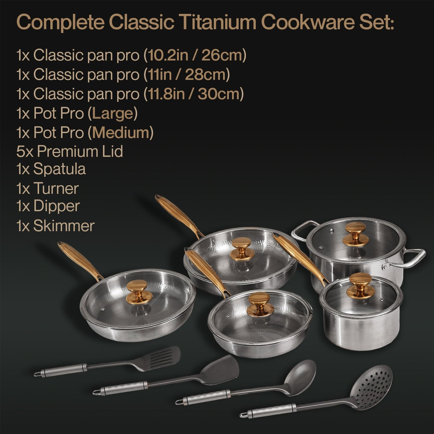 Complete Classic Titanium Cookware Set with pots, pans, and utensils