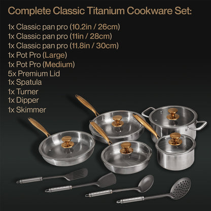 Complete Classic Titanium Cookware Set with pots, pans, and utensils