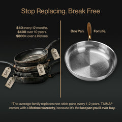 Advertisement for a lifetime warranty pan with cost savings text on a dark background
