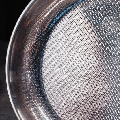 Close up of the interior bottom of a metallic pan or pot, showing a textured silver surface with a repeating geometric pattern and reflective highlights.