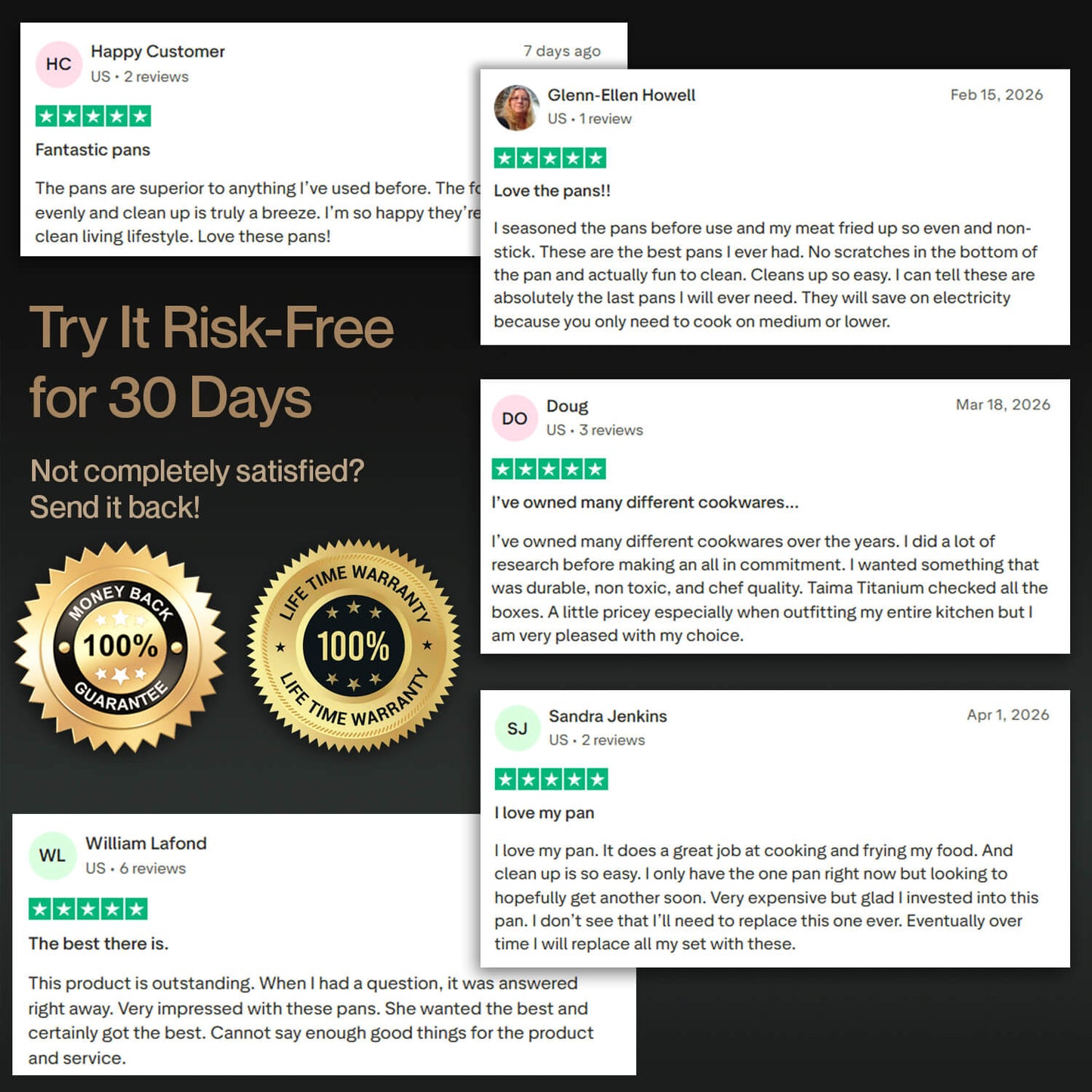 Product reviews and promotional text on a black background