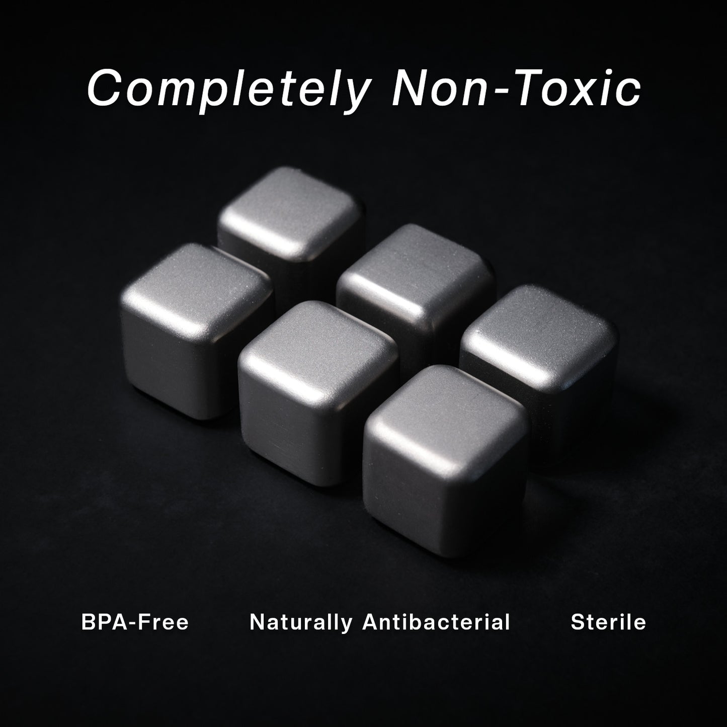Titanium cubes on a black background with text indicating non-toxicity and safety features.