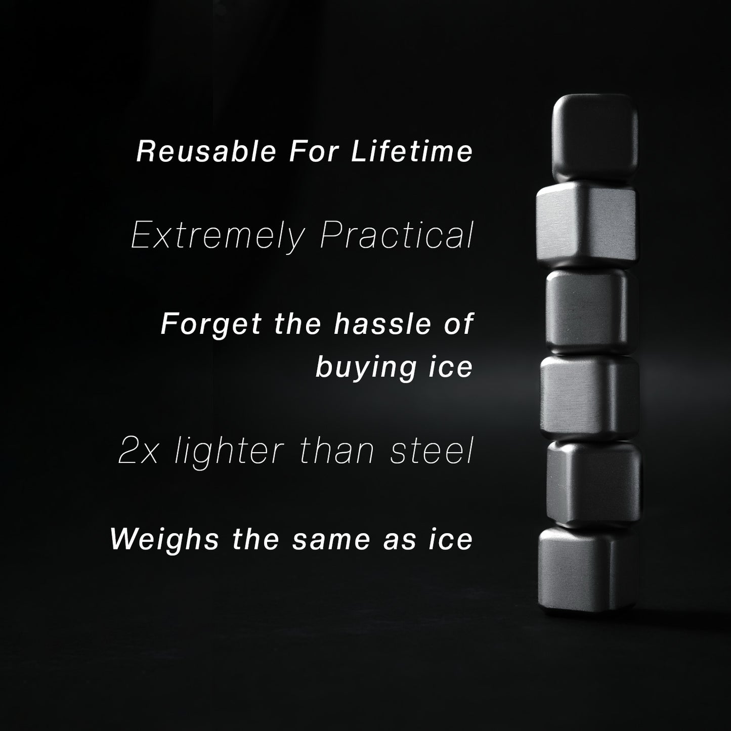 Metallic ice cube with text highlighting its features on a black background
