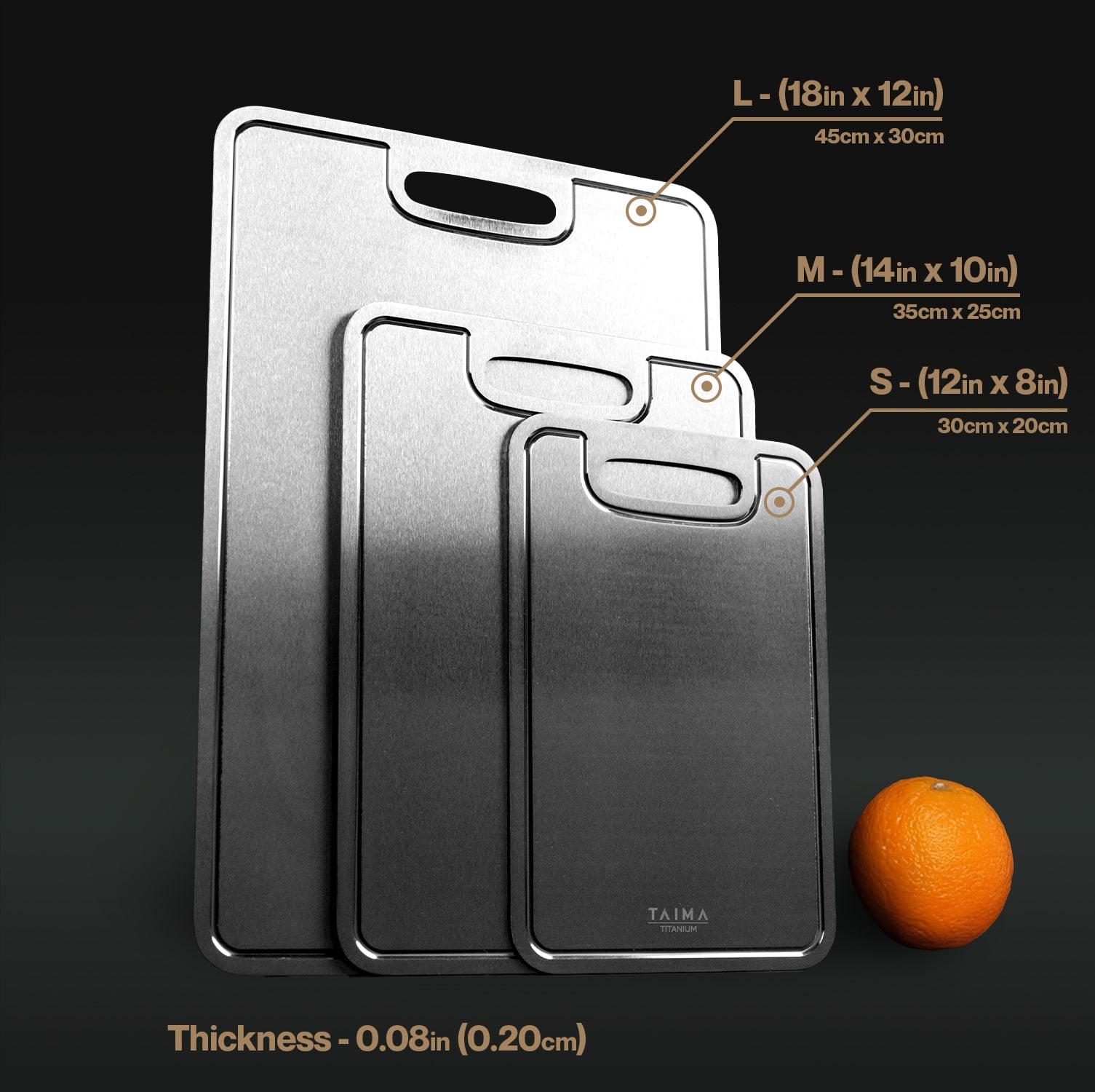 Three Titanium cutting boards of different sizes with dimensions